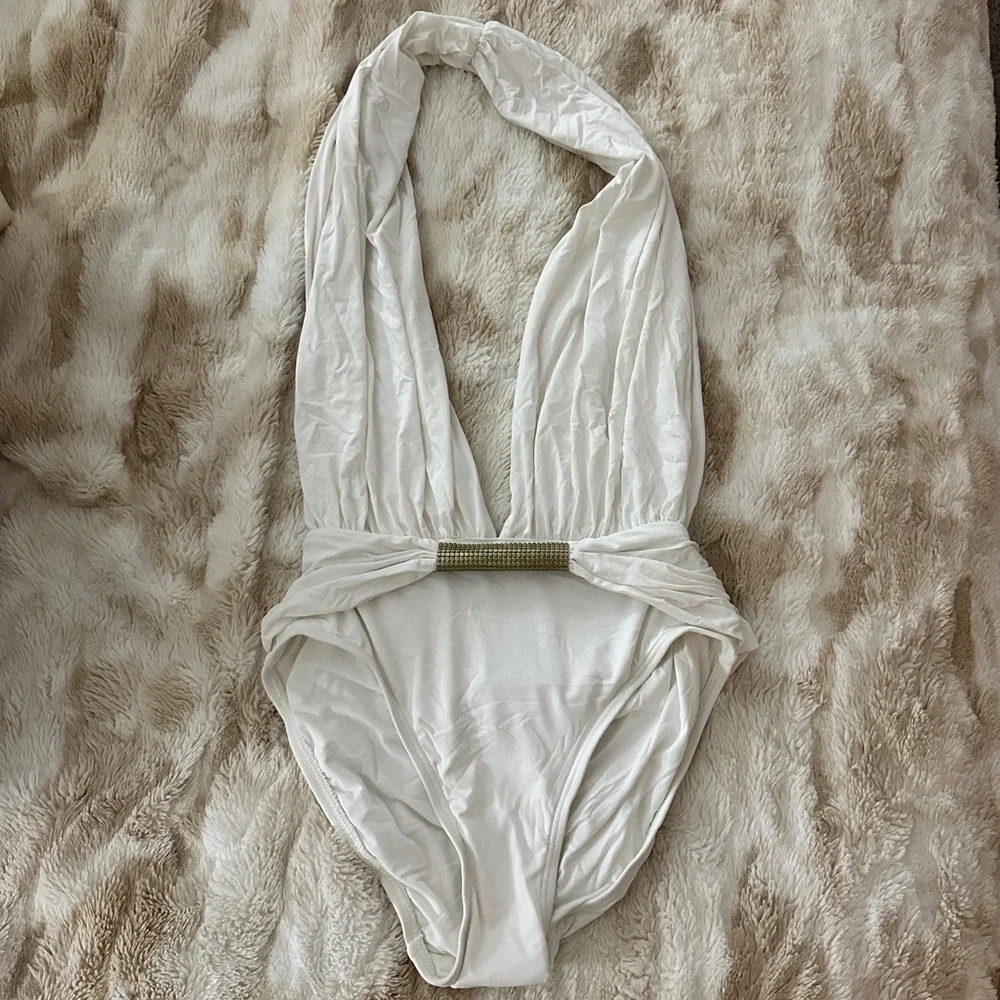 NEW Carmen Marc Valvo Deep Plunge Neckline One Piece Bathing Swim Suit Sz 10 - Picture 1 of 4